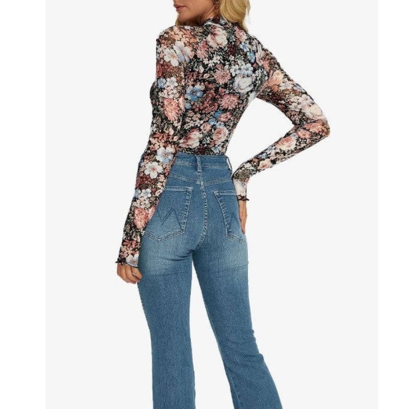 Womens Floral Lace Sheer Mesh Top - Slim Fit Lightweight Long Sleeve Top