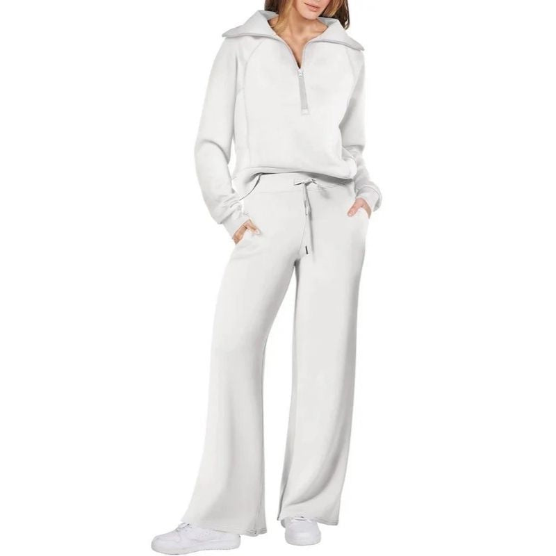 Womens 2 Piece Outfits, Casual Lapel Half Zip Sweatshirt and Wide Leg Pants Tracksuit Set