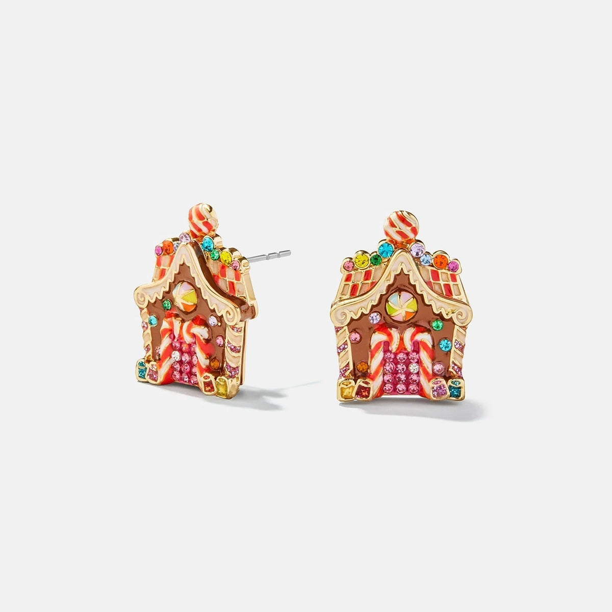 Gingerbread House Stud Earrings with Crystal Accents and Enamel Coating