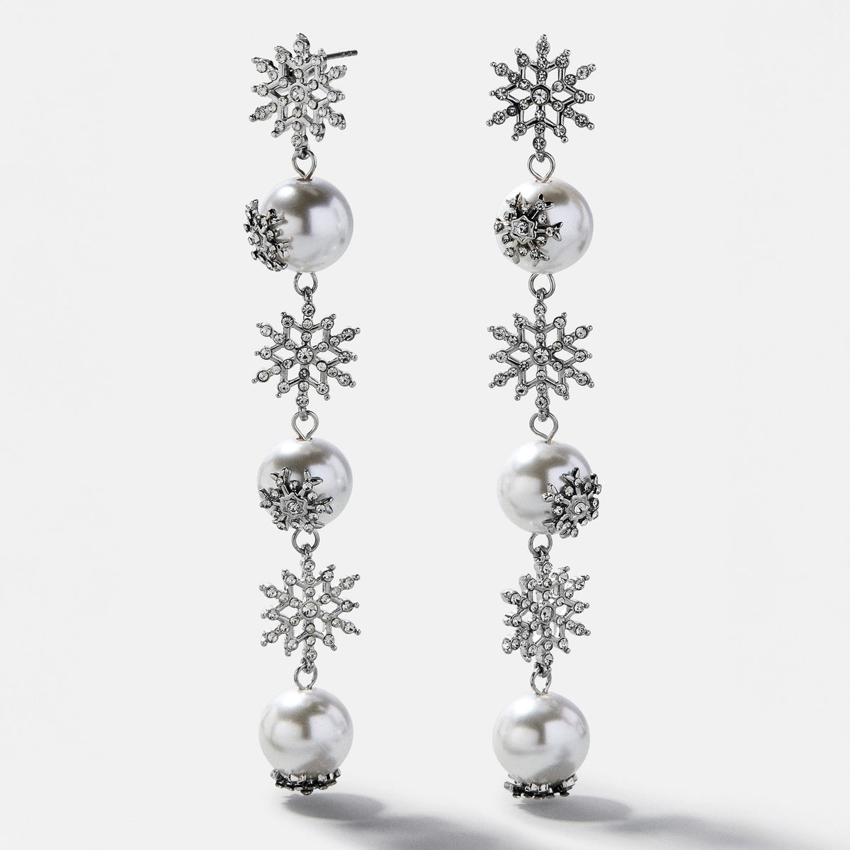 Pearl Drop Earrings with Crystal Snowflake and Post Back Closure