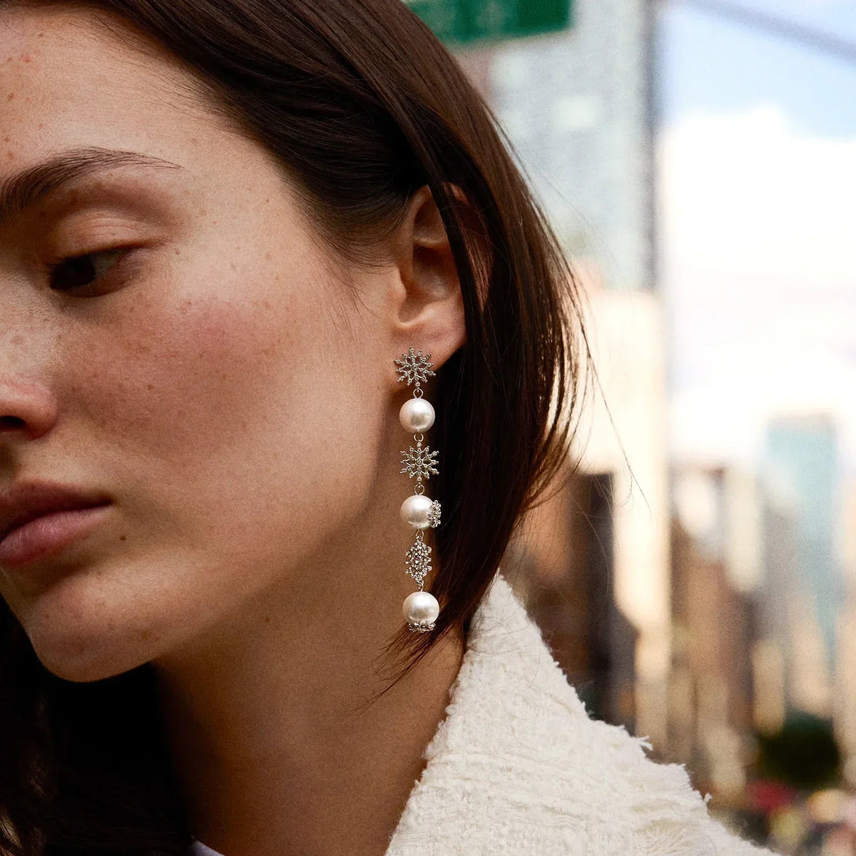 Pearl Drop Earrings with Crystal Snowflake and Post Back Closure