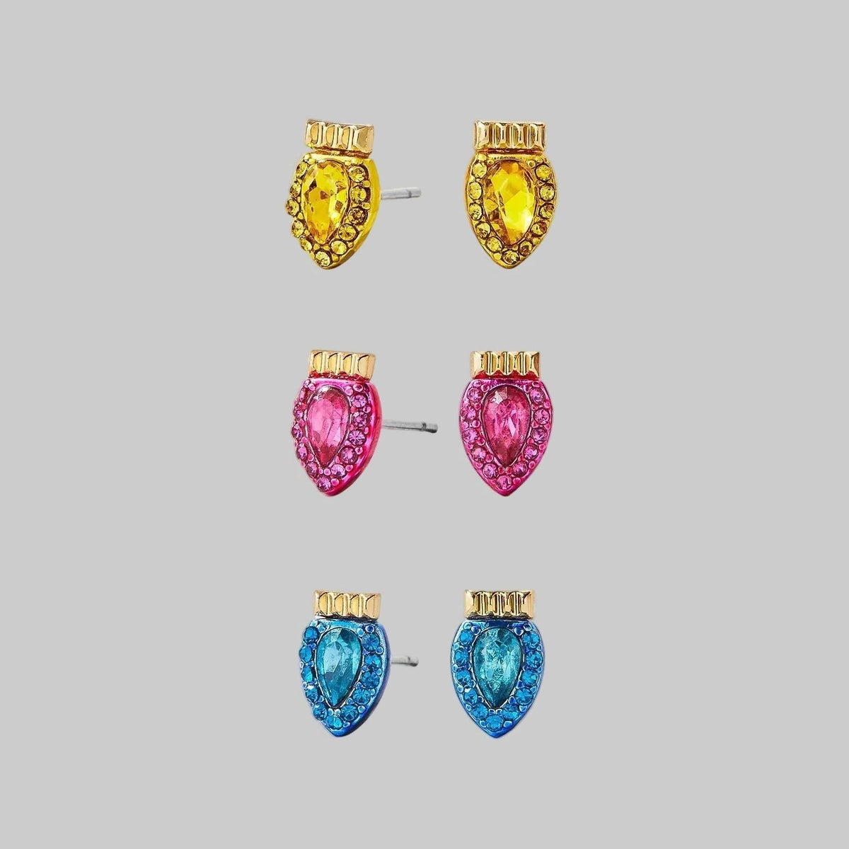 Crystal Light Stud Earrings with Butterfly Backs, 3-Pair Set in Blue Pink Yellow