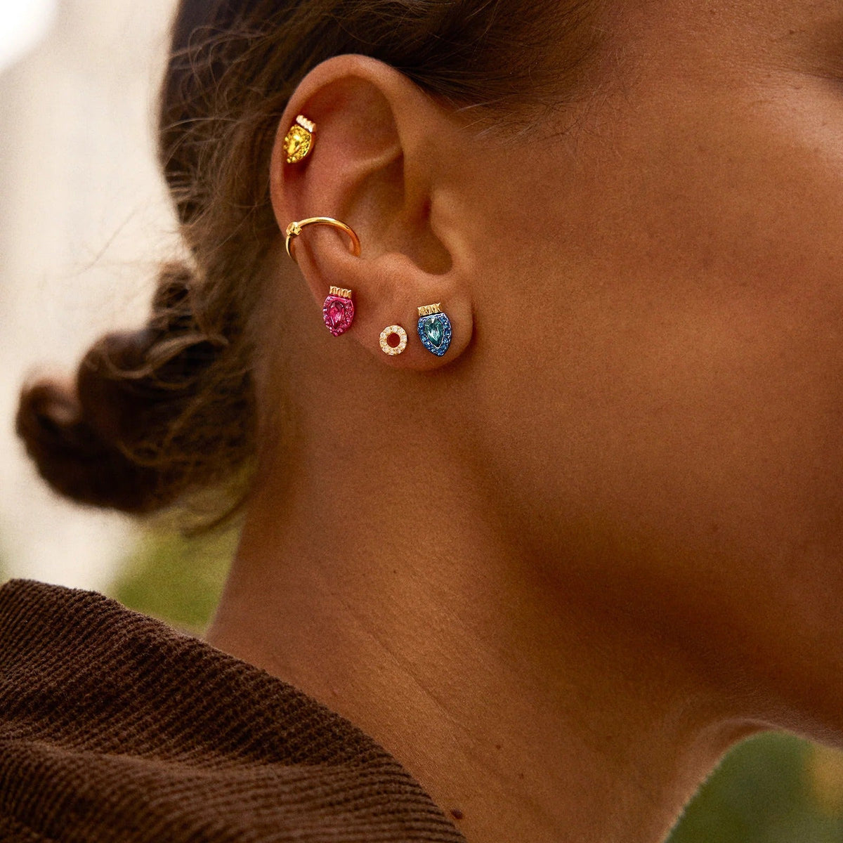 Crystal Light Stud Earrings with Butterfly Backs, 3-Pair Set in Blue Pink Yellow