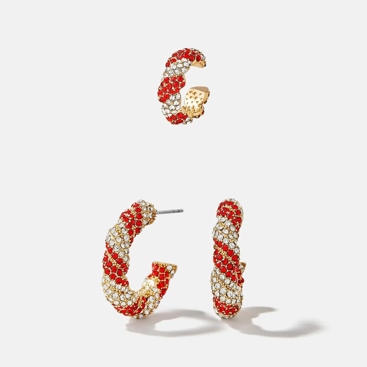 Candy Cane Hoop and Cuff Earring Set with Crystal Accents, Red and White