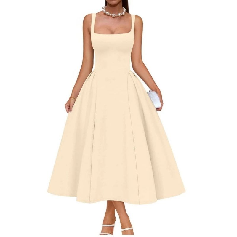 Womens Square Neck A Line Midi Dress, Elegant Wedding Guest and Evening Party Dress
