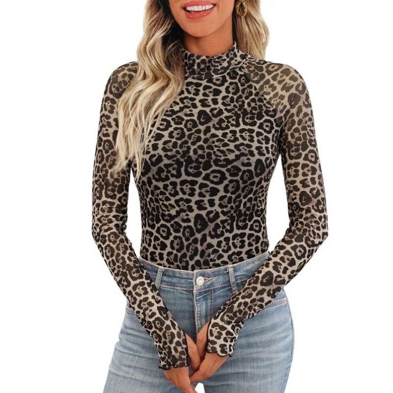 Womens Floral Lace Sheer Mesh Top - Slim Fit Lightweight Long Sleeve Top