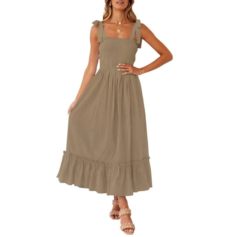 Womens Boho Maxi Dress, Square Neck Spaghetti Strap Ruffle a Line Beach Dress