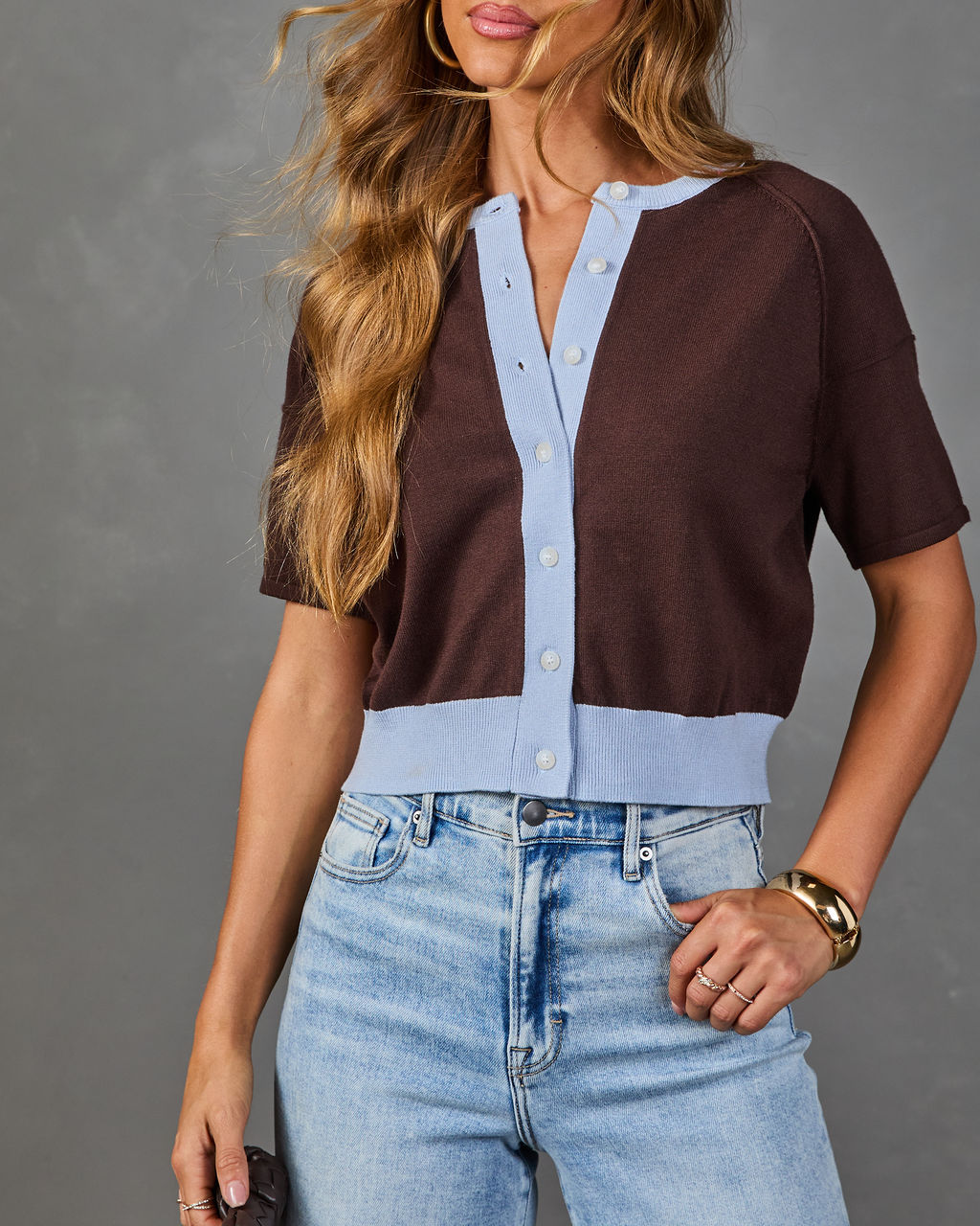 Stretch Knit Cardigan with Contrast Color Blocking and Raised Trim Detail