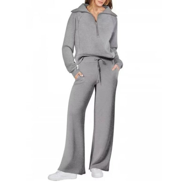 Womens 2 Piece Outfits, Casual Lapel Half Zip Sweatshirt and Wide Leg Pants Tracksuit Set