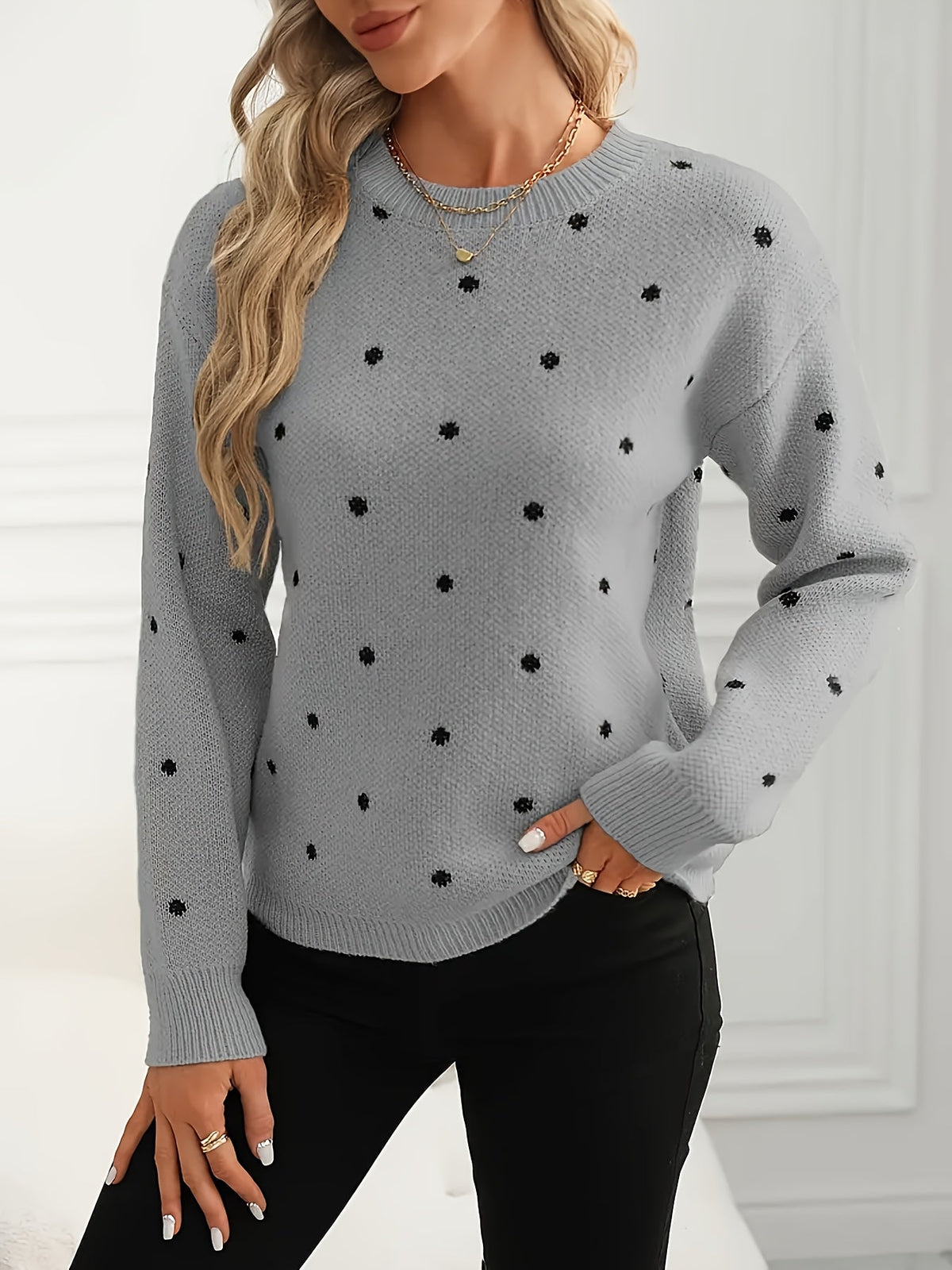 Polka Dot Crew Neck Sweater with Relaxed Fit and Natural Stretch, Ribbed Cuffs
