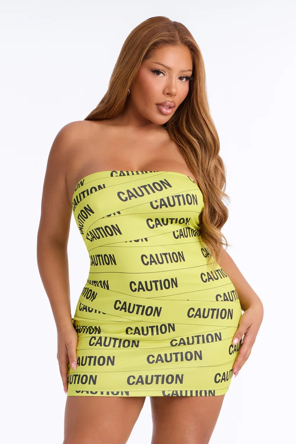 Caution Print Bodycon Mini Dress with Strapless Tube Design