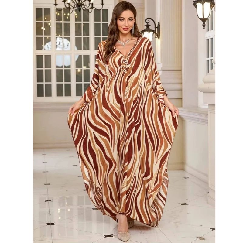 Moomoo Dresses for Women, Plus Size V Neck Batwing Sleeve Floral Kaftan Beach Cover Up Dress