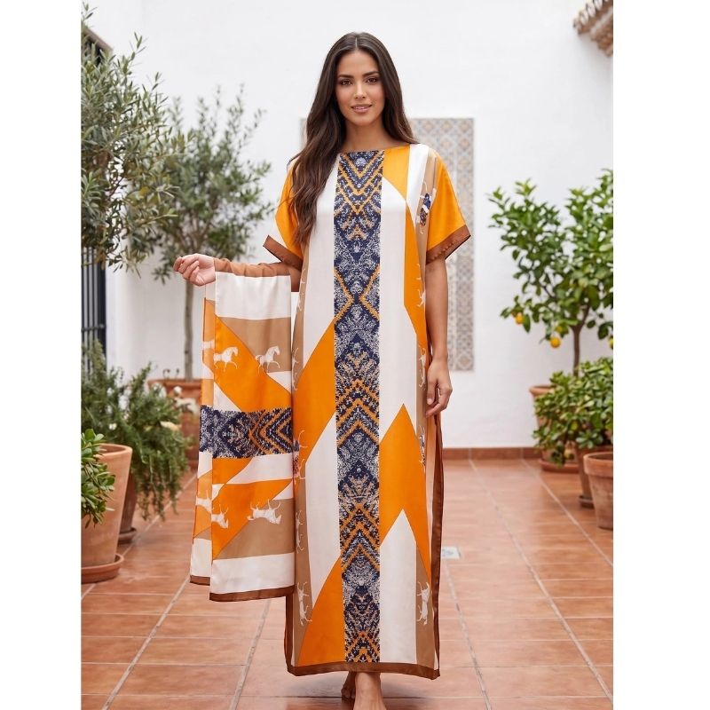 Moomoo Dresses for Women, Bohemian Printed Long Dress and Scarf Set Beach Vacation Matching Outfit