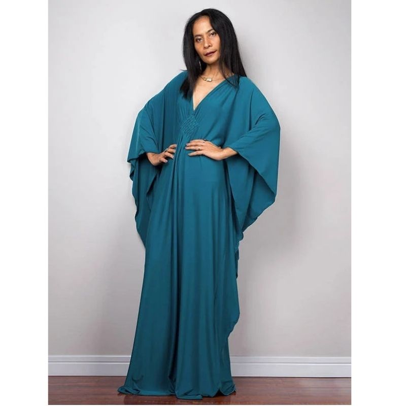 Moomoo Dresses for Women, Plus Size V Neck Long Batwing Sleeve Floral Beach Cover Up Dress