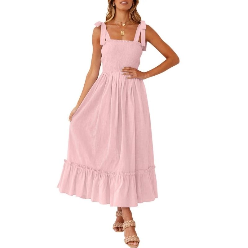 Womens Boho Maxi Dress, Square Neck Spaghetti Strap Ruffle a Line Beach Dress