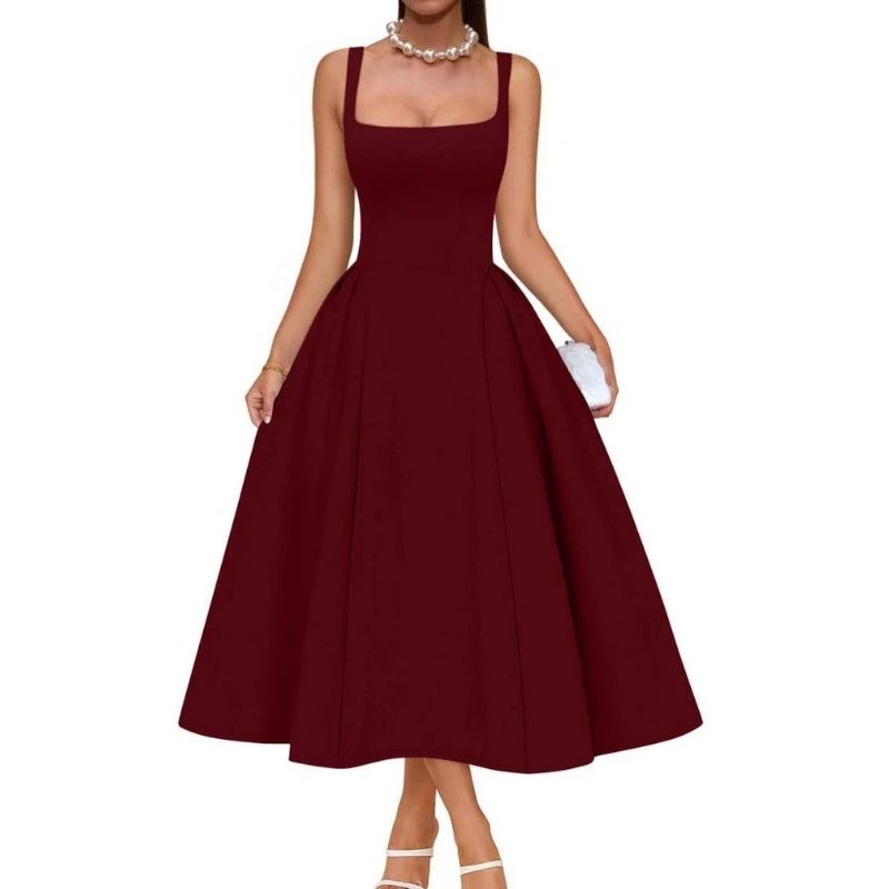 Womens Square Neck A Line Midi Dress, Elegant Wedding Guest and Evening Party Dress