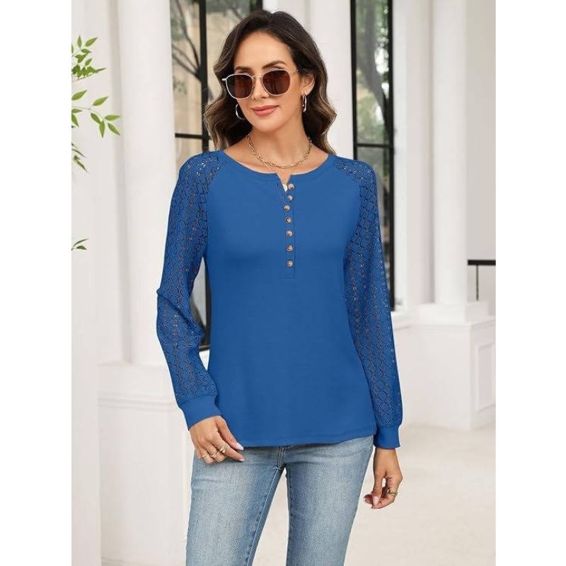 Womens Lace Long Sleeve Henley Top - Casual Fall Blouse