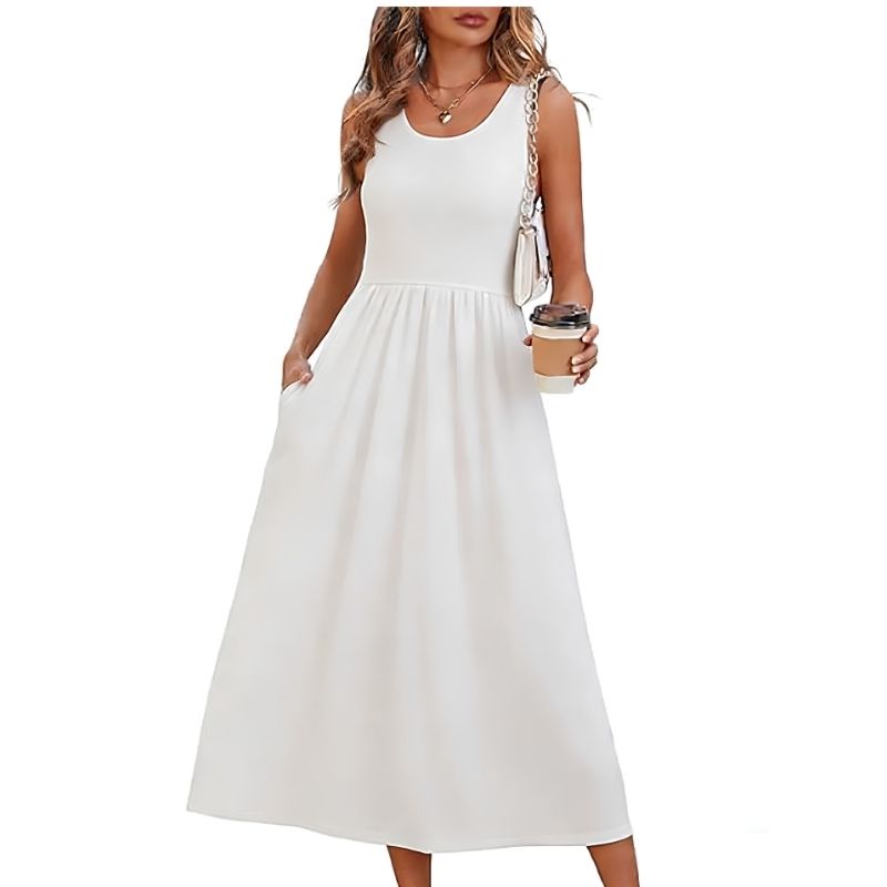 Womens Flowy Midi Dress, Casual Beach Vacation Sundress with Pockets