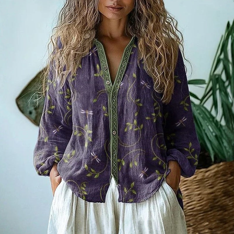 Vintage Leaf Print Button Down Shirt with Breathable Fabric and Draped Silhouette