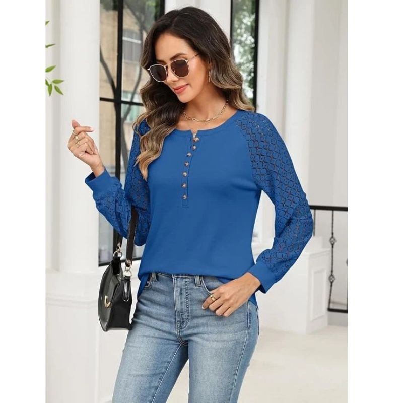 Womens Lace Long Sleeve Henley Top - Casual Fall Blouse