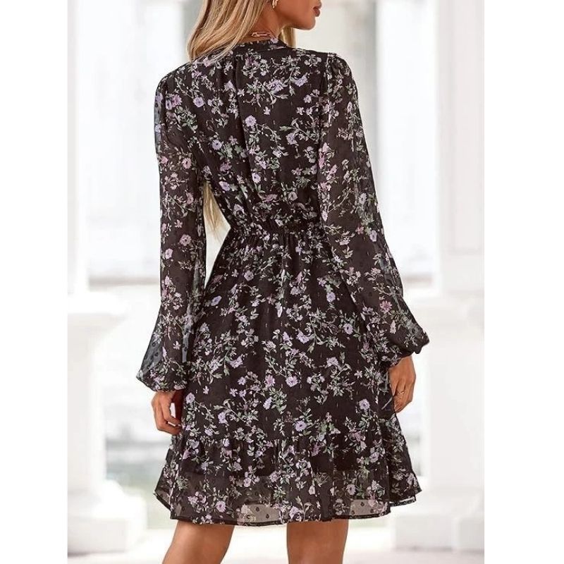 Womens Floral V-Neck Mini Dress - Long Sleeve Boho Flowy Dress