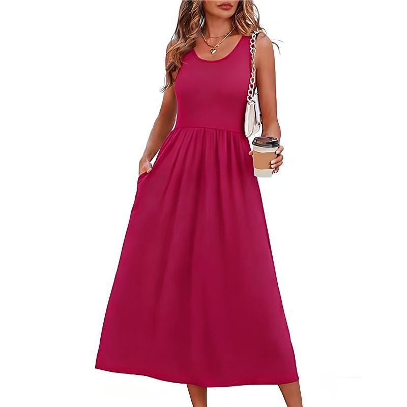 Womens Flowy Midi Dress, Casual Beach Vacation Sundress with Pockets