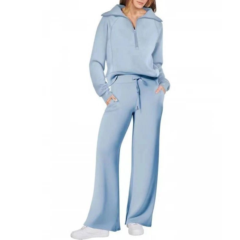 Womens 2 Piece Outfits, Casual Lapel Half Zip Sweatshirt and Wide Leg Pants Tracksuit Set
