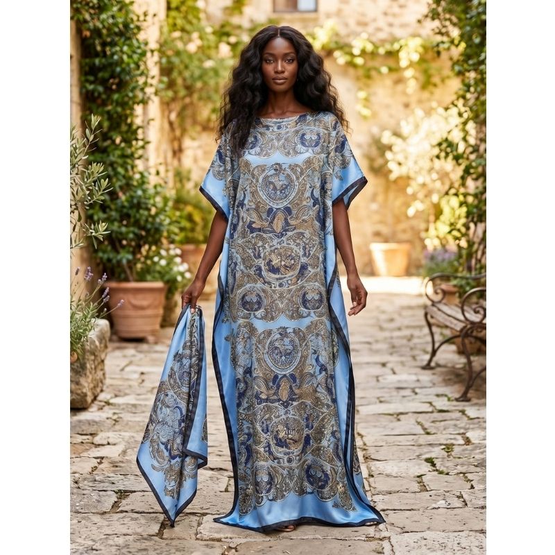 Moomoo Dresses for Women, Bohemian Printed Long Dress and Scarf Set Beach Vacation Matching Outfit