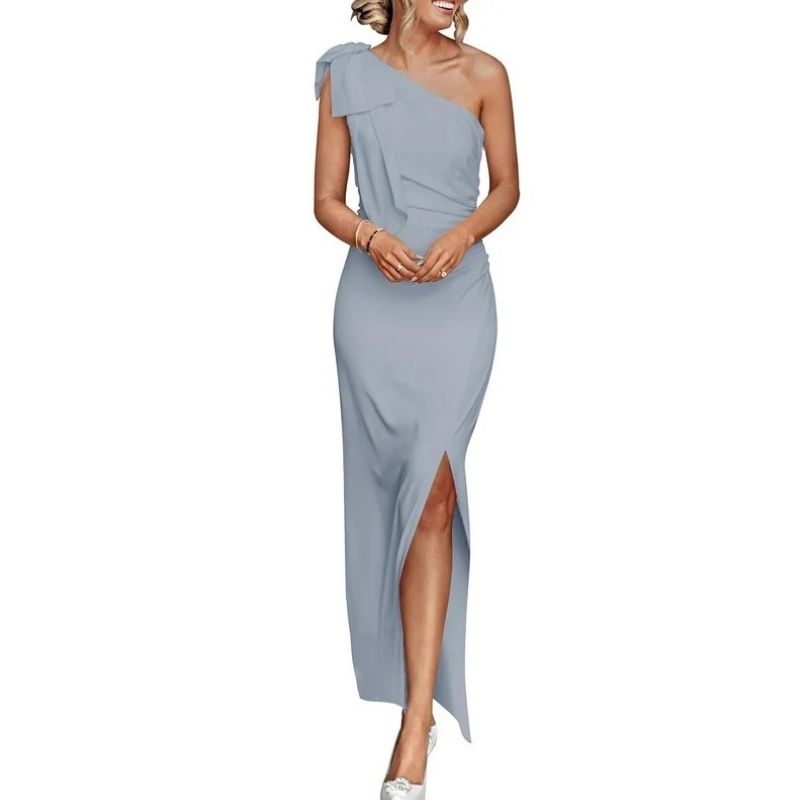 Womens One Shoulder Maxi Dress, Ruched Bodycon Wedding Guest and Formal Dress
