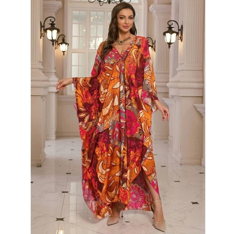 Moomoo Dresses for Women, Plus Size V Neck Batwing Sleeve Floral Kaftan Beach Cover Up Dress