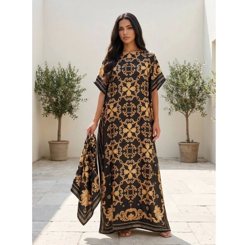 Moomoo Dresses for Women, Bohemian Printed Long Dress and Scarf Set Beach Vacation Matching Outfit