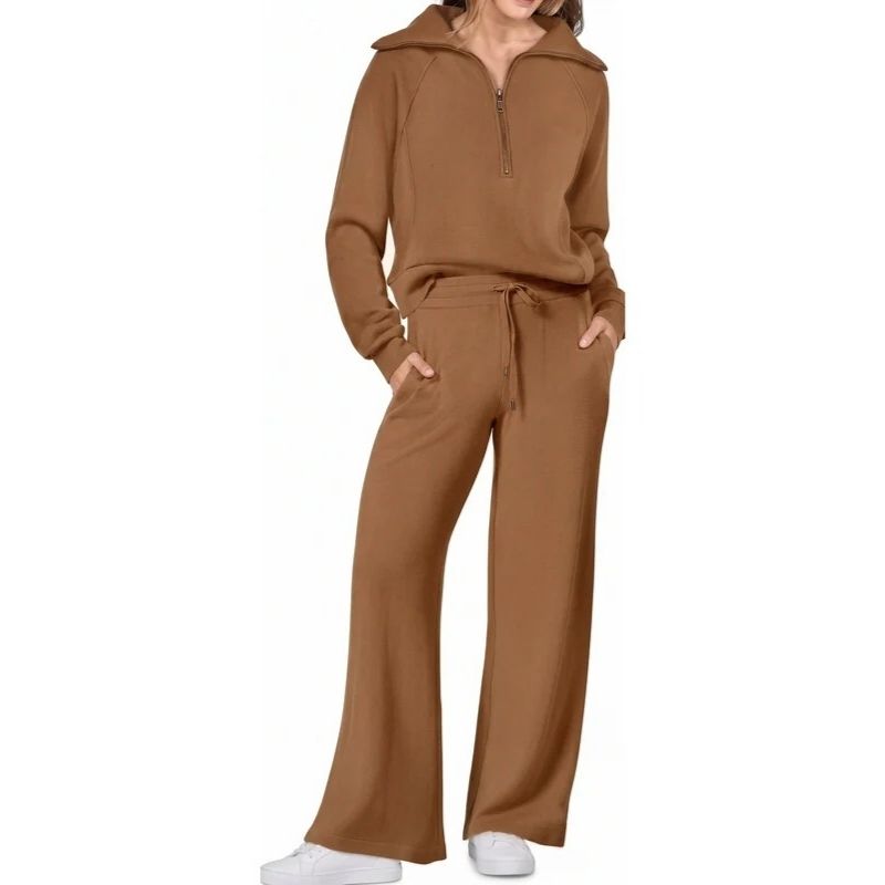 Womens 2 Piece Outfits, Casual Lapel Half Zip Sweatshirt and Wide Leg Pants Tracksuit Set