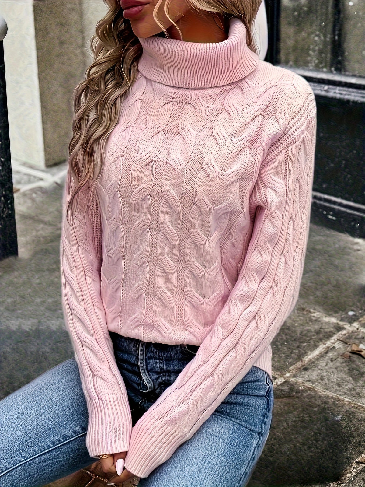 Cable Knit Turtleneck Sweater with Relaxed Fit and High Roll Neck