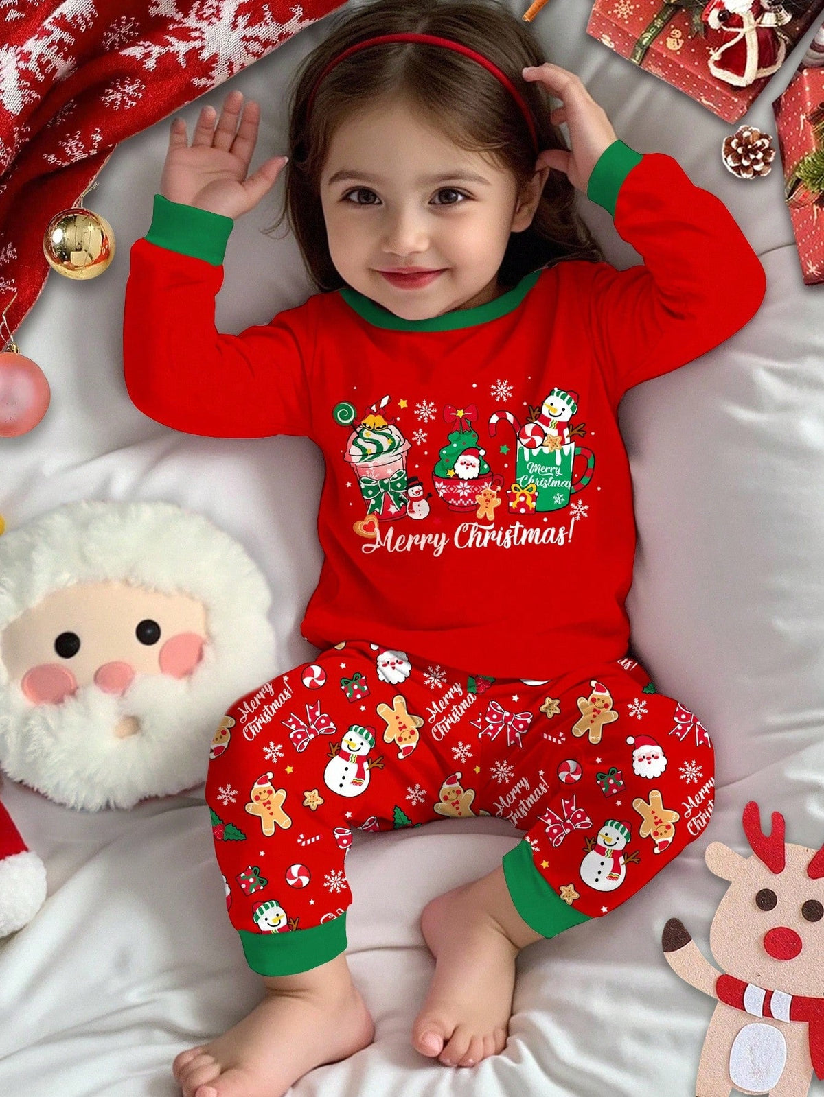 Childrens Two Piece Pajama Set with Thermal Lining and Christmas Graphics