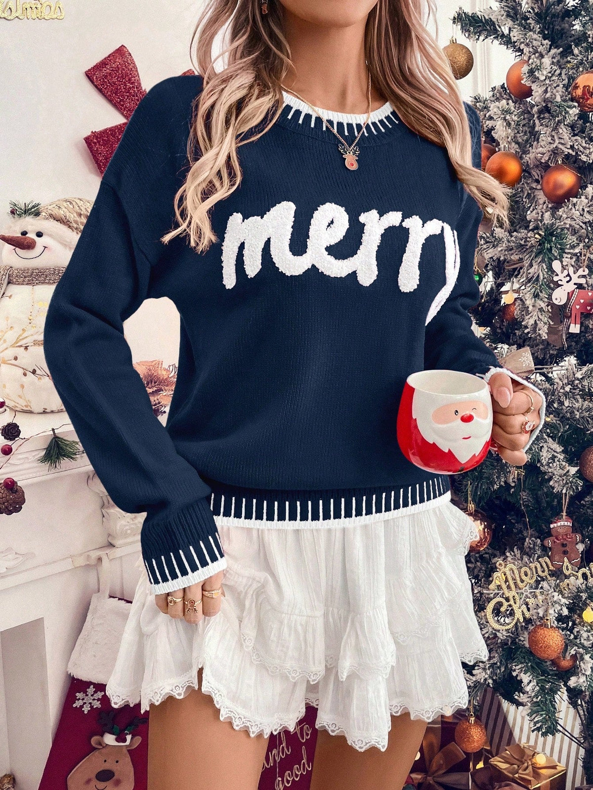 Womens Pullover Sweater with Holiday Pattern and Drop Shoulder Design