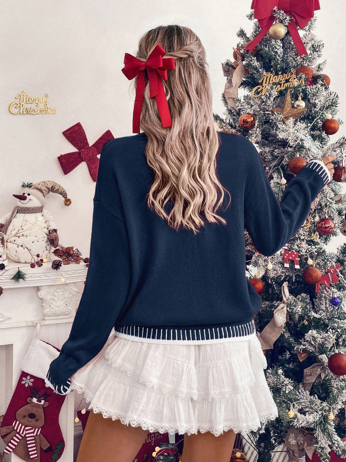 Womens Pullover Sweater with Holiday Pattern and Drop Shoulder Design