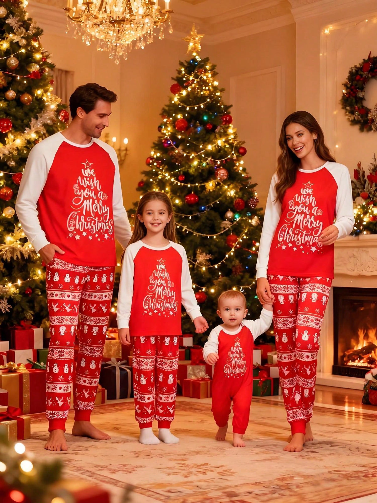 Red Christmas Pajama Set with Long Sleeves and Side Pockets