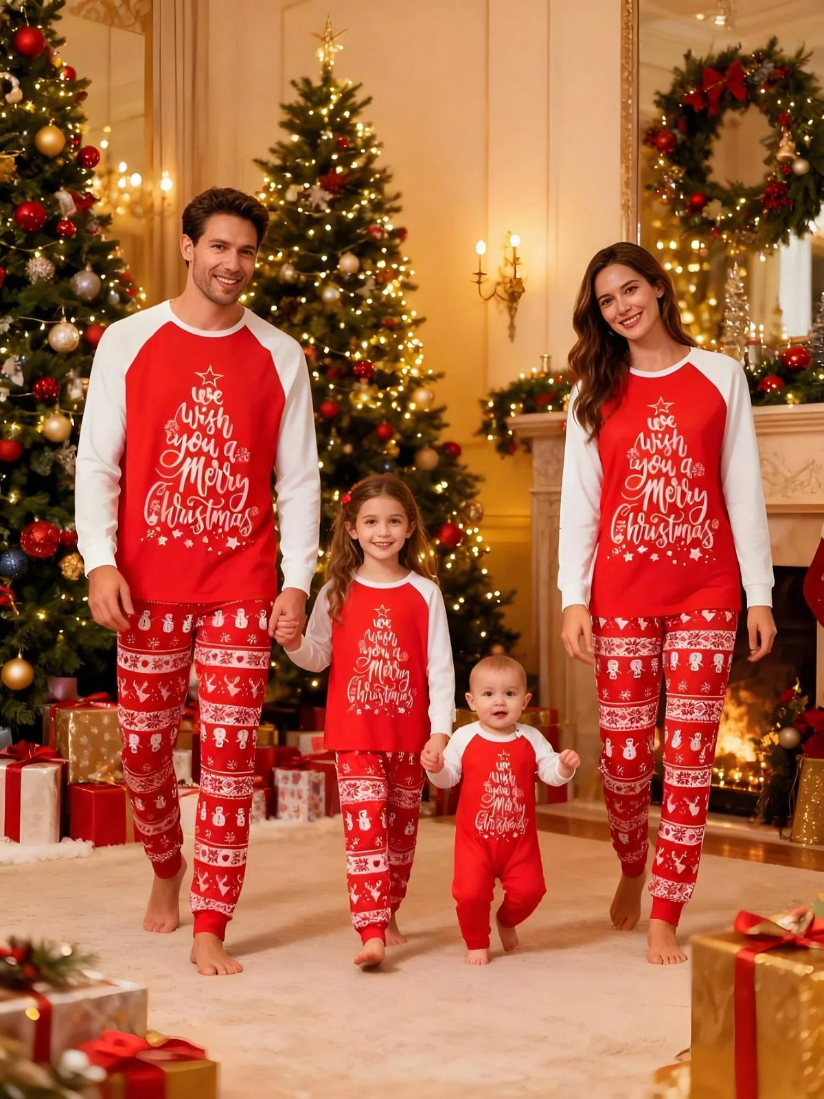 Red Christmas Pajama Set with Long Sleeves and Side Pockets
