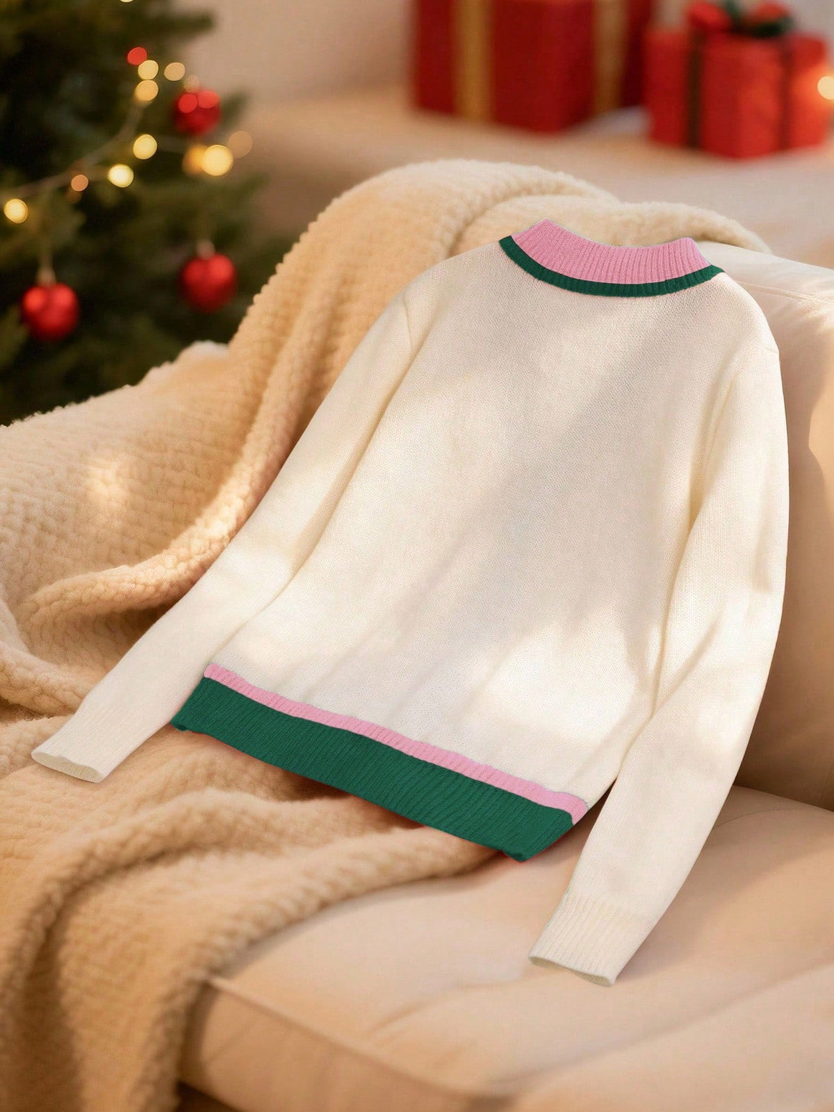 Christmas Cardigan with V-Neck and Drop Shoulder, Multicolor Knit