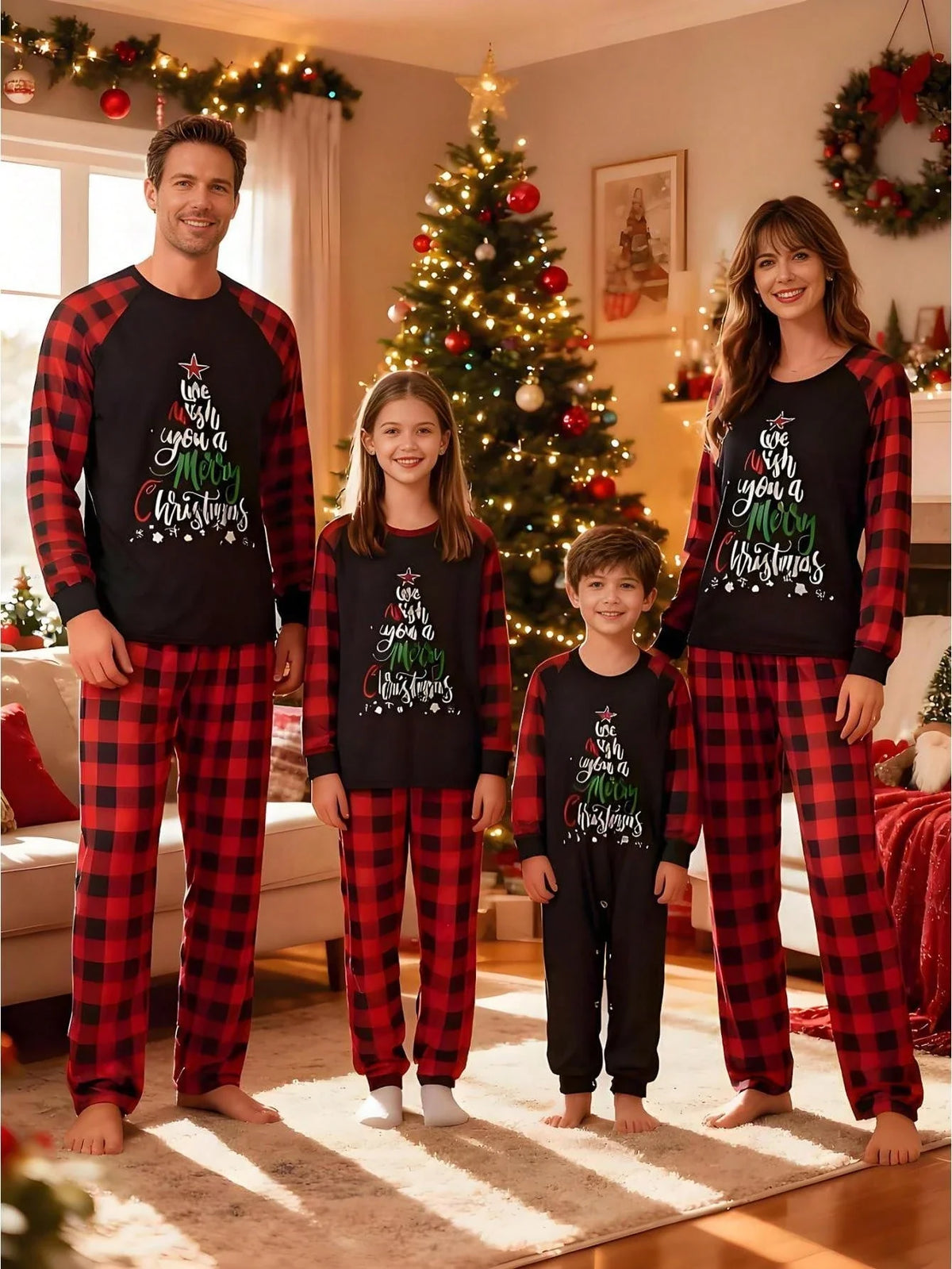 Kids Christmas Pajama Set with Long Sleeves and Plaid Pants, Red Black