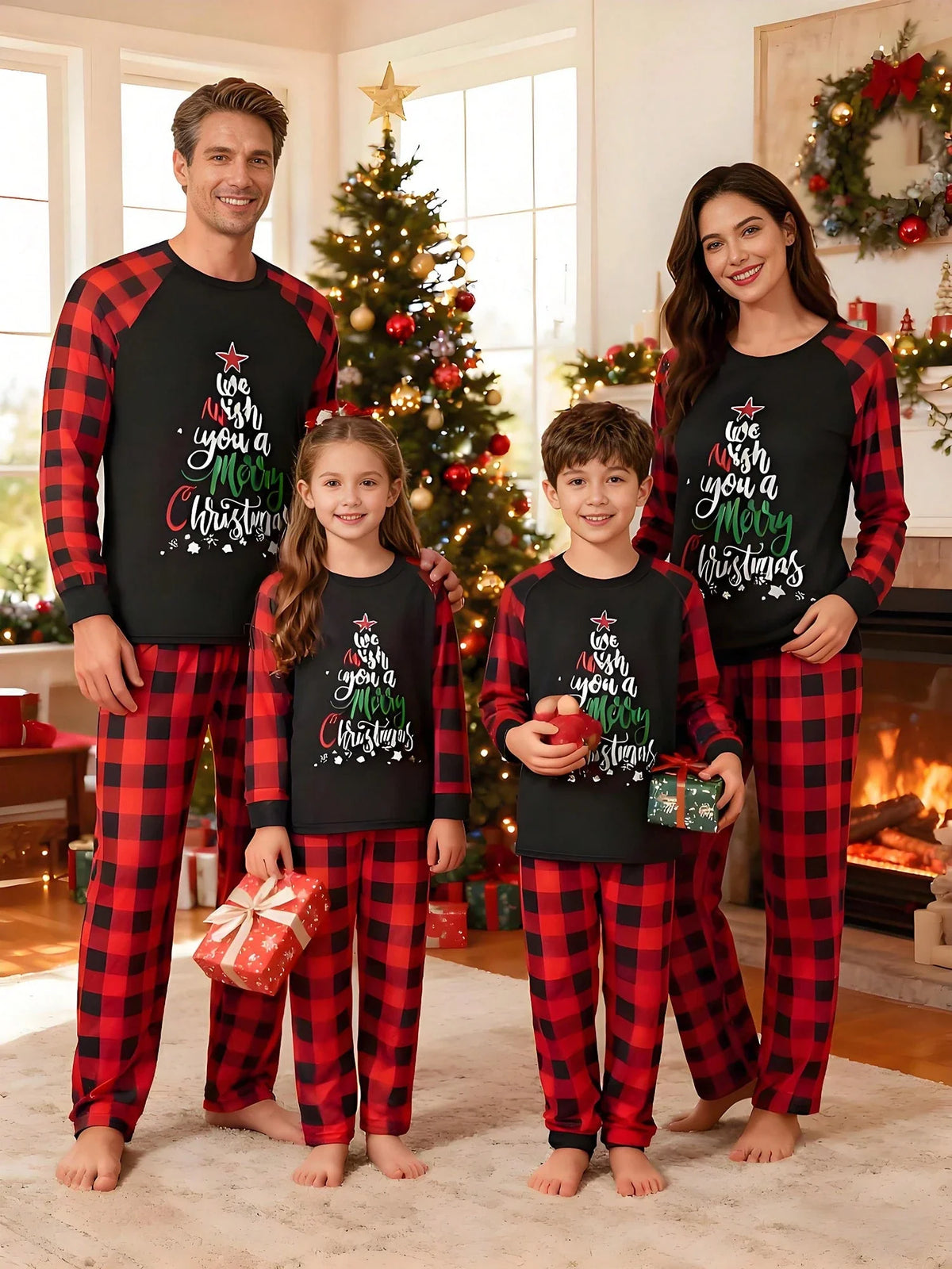 Kids Christmas Pajama Set with Long Sleeves and Plaid Pants, Red Black