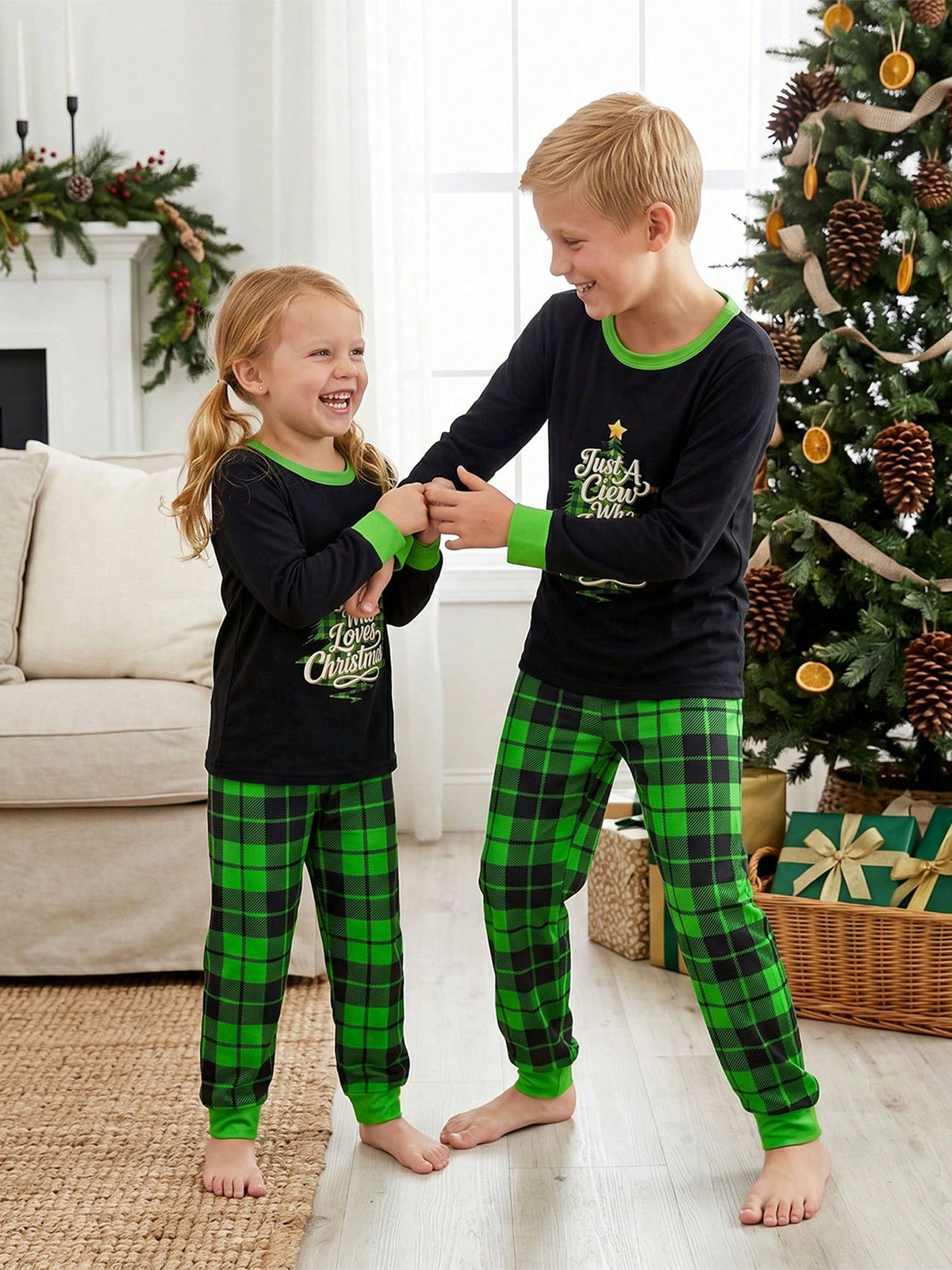 Childrens Plaid Pant Set with Long Sleeve Top and Stretch Cotton Blend