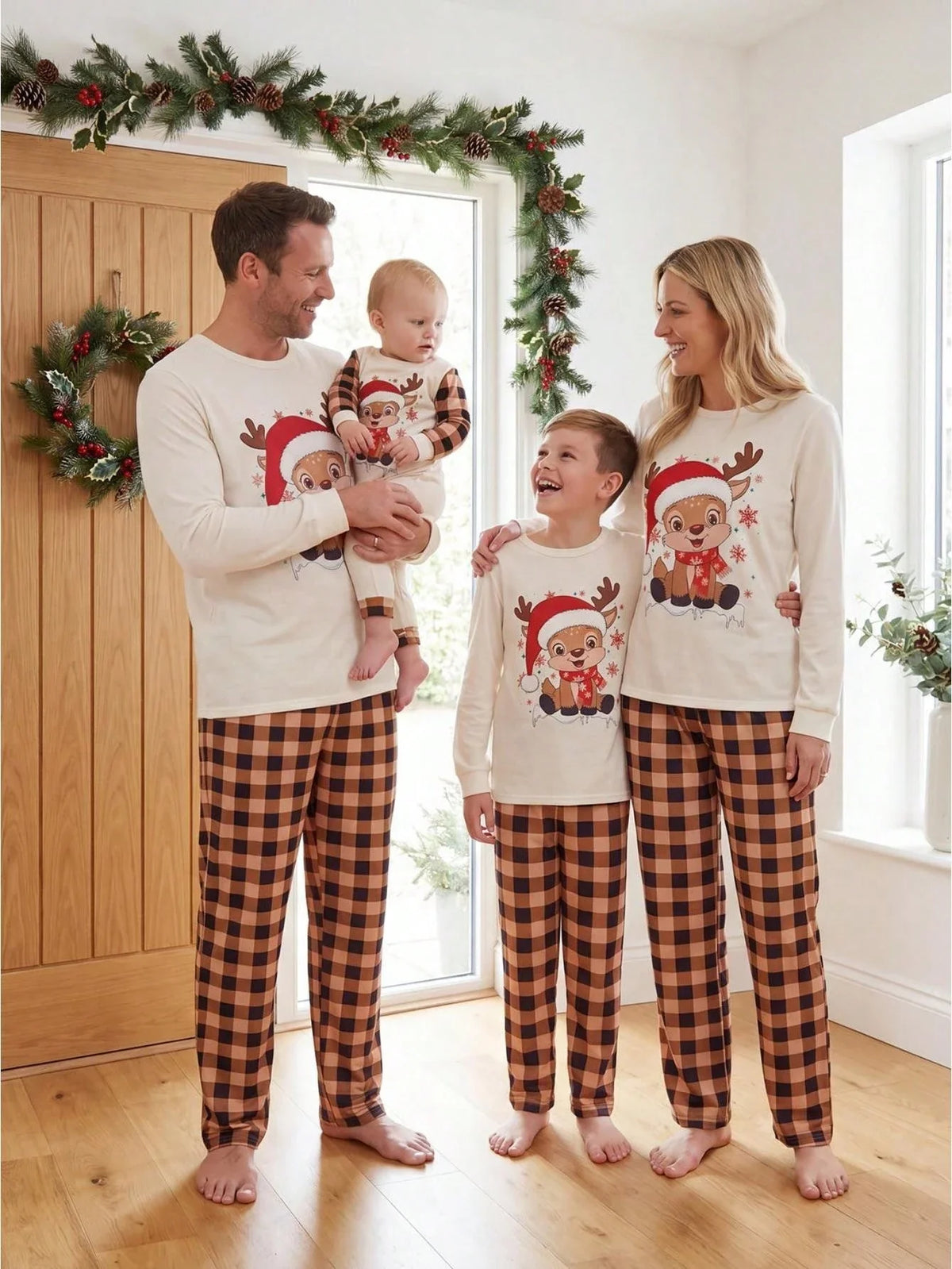 Fuzzy Beige Lounge Set with Christmas Pattern and Long Sleeves