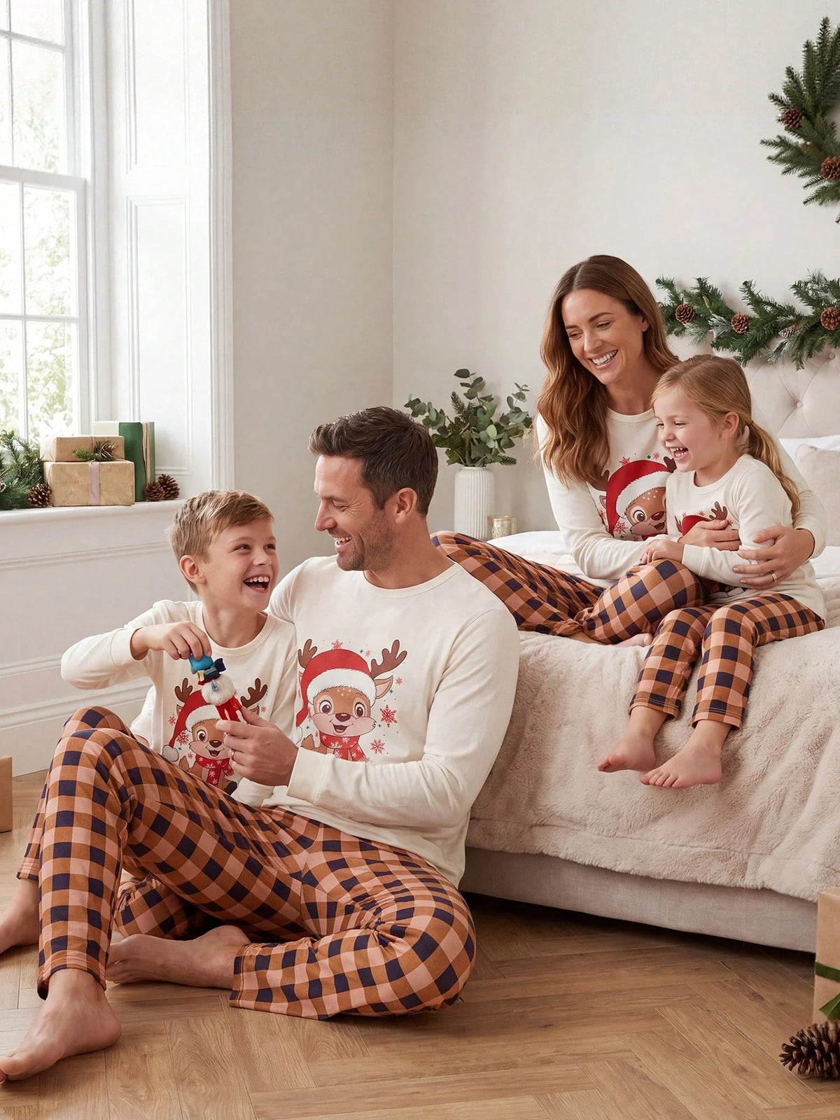 Fuzzy Beige Lounge Set with Christmas Pattern and Long Sleeves
