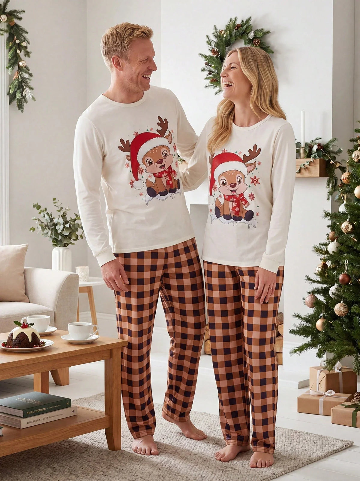 Fuzzy Beige Lounge Set with Christmas Pattern and Long Sleeves