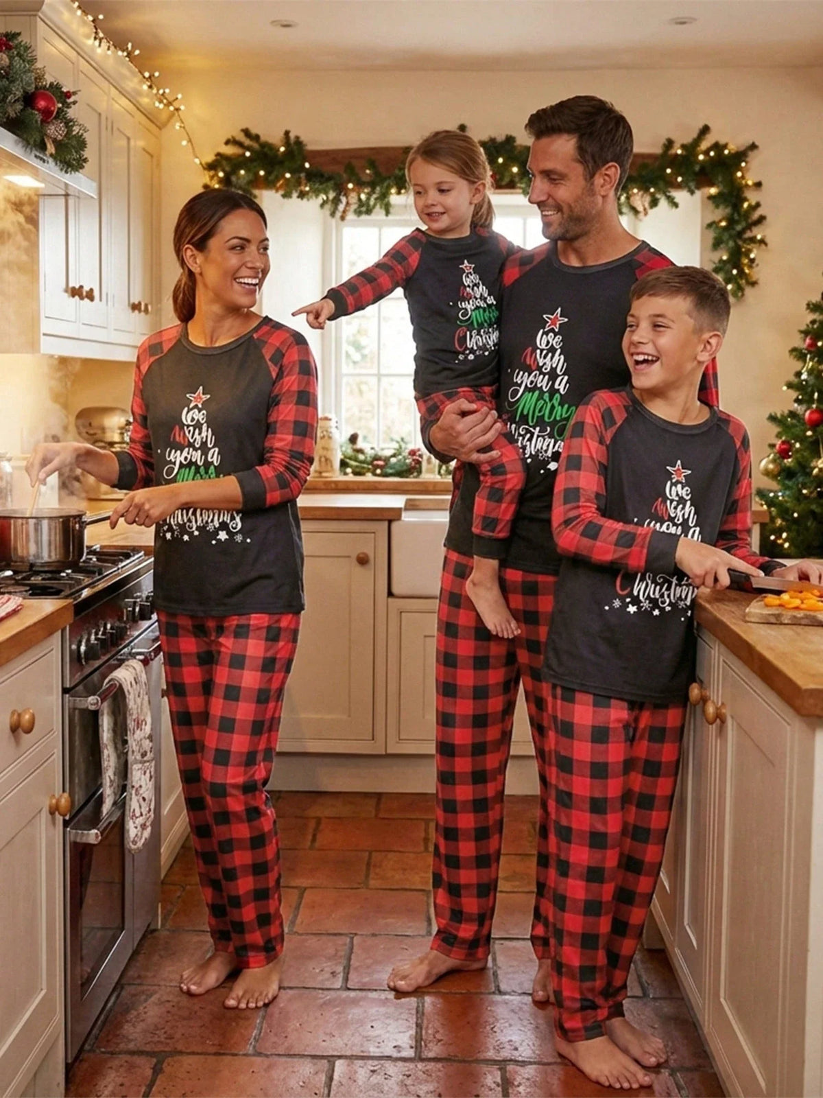 Kids Christmas Pajama Set with Long Sleeves and Plaid Pants, Red Black