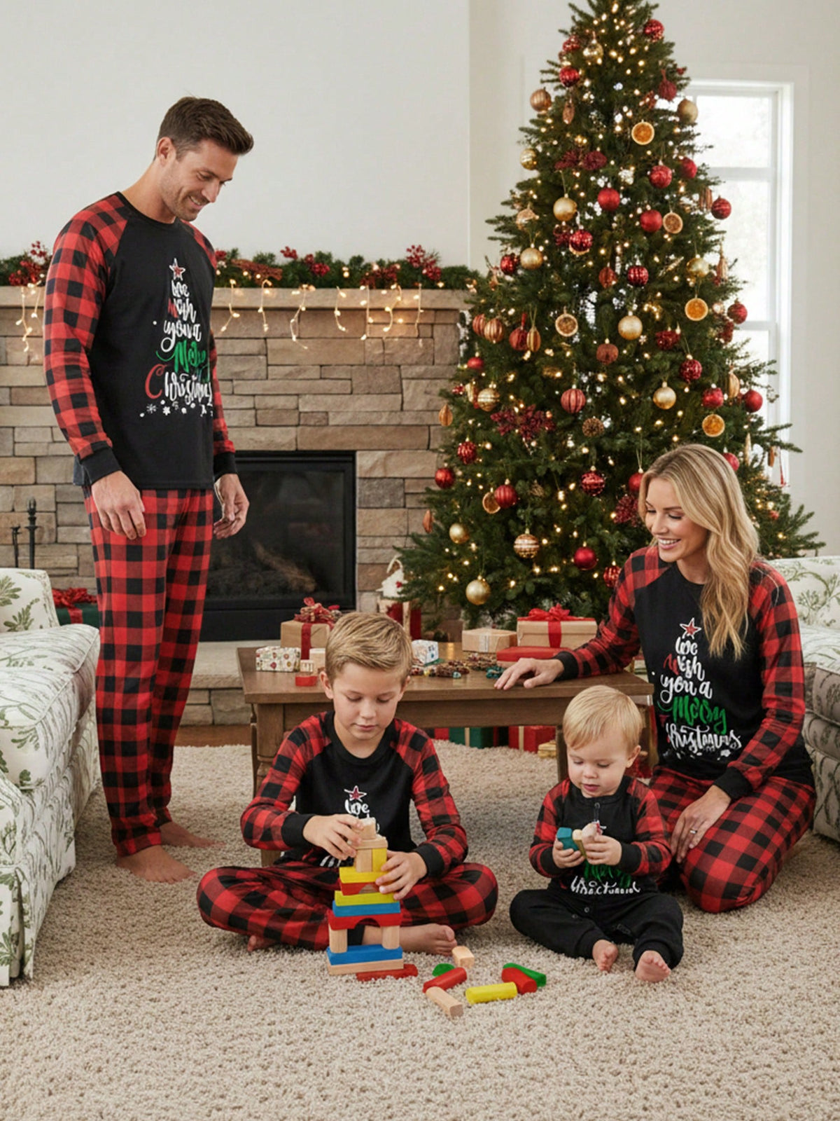 Kids Christmas Pajama Set with Long Sleeves and Plaid Pants, Red Black