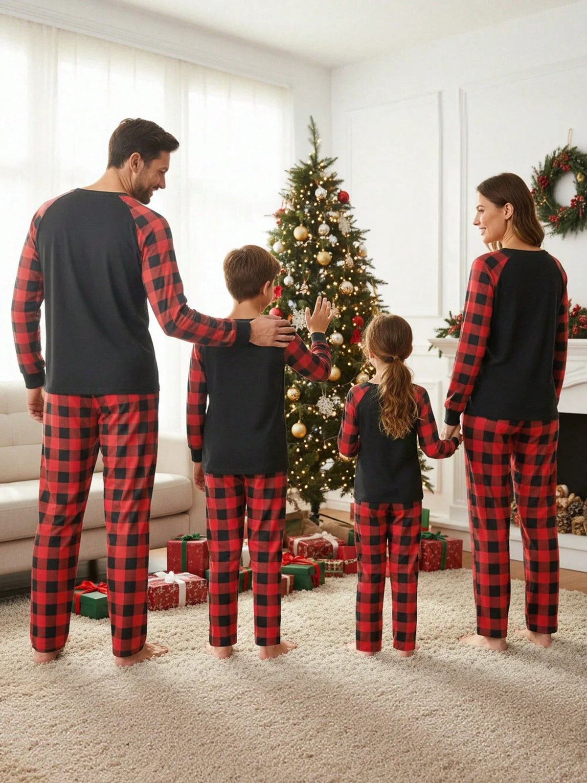 Kids Christmas Pajama Set with Long Sleeves and Plaid Pants, Red Black