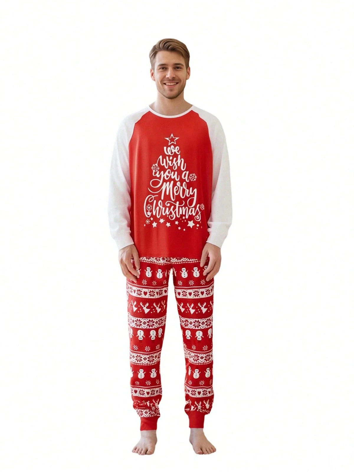 Red Christmas Pajama Set with Long Sleeves and Side Pockets