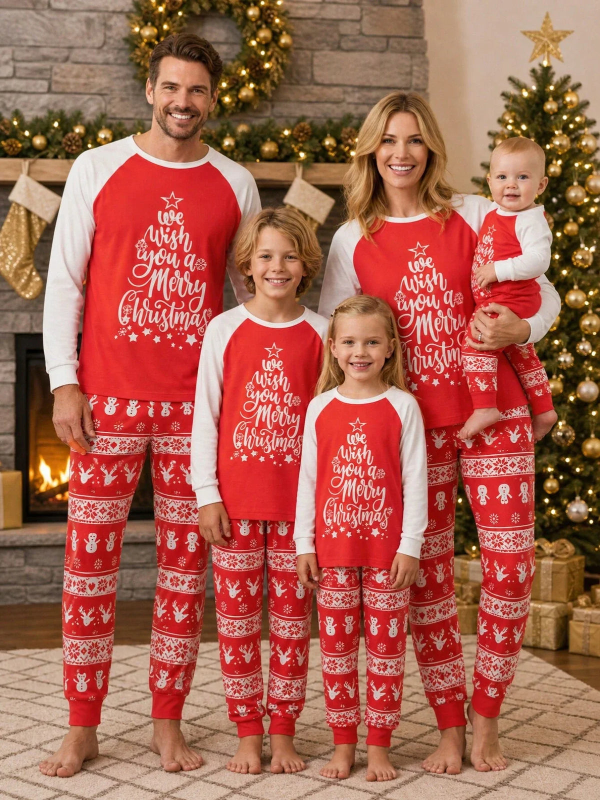 Red Christmas Pajama Set with Long Sleeves and Side Pockets